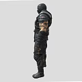 Game Movie Character In Black Combat Suit With Masked Face And Armored Gear