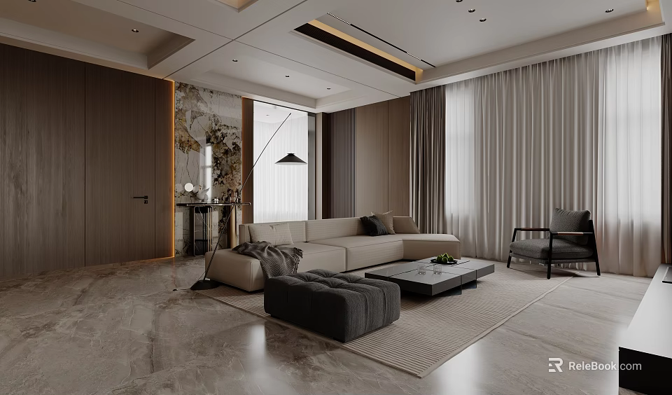 Modern Open Concept Dining and Living Room With Beige Sofa Gray Rug and Marble Flooring 3d model 
