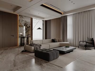 Modern Open Concept Dining and Living Room With Beige Sofa Gray Rug and Marble Flooring 3d model