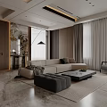 Modern Open Concept Dining and Living Room With Beige Sofa Gray Rug and Marble Flooring