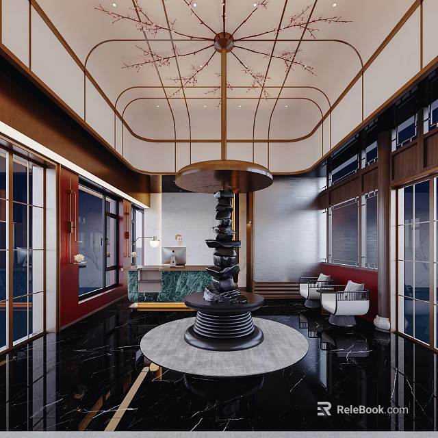 Elegant Chinese Hotel Lobby Interior With Central Sculpture Marble Floor And Wooden Accents 3d model 