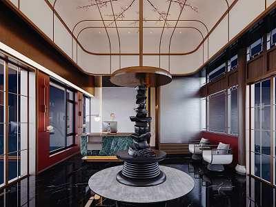 Elegant Chinese Hotel Lobby Interior With Central Sculpture Marble Floor And Wooden Accents 3d model