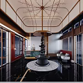 Elegant Chinese Hotel Lobby Interior With Central Sculpture Marble Floor And Wooden Accents
