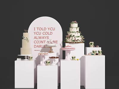 Decorative Ornament Set With White Display Stands Decorative Cakes And Ornamental Sign 3d model