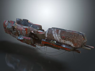 Weathered Rusty Sci-Fi Spaceship With Complex Structure And Multiple Connected Modules Floating In Gray Background 3d model