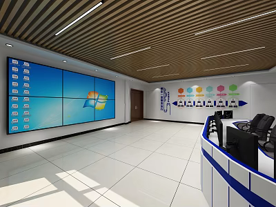 Modern Monitoring Room Interior With Large Screen Displays And Control Desk Equipment 3d model