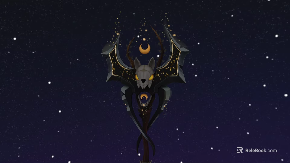 Mystical Horned Weapon With Winged Design Glowing Eyes And Gold Accents In Starry Night Sky 3d model 