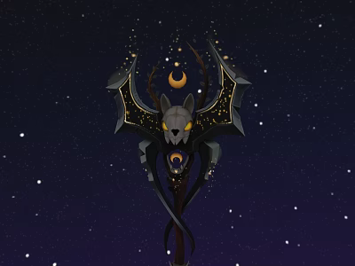 Mystical Horned Weapon With Winged Design Glowing Eyes And Gold Accents In Starry Night Sky 3d model