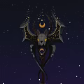 Mystical Horned Weapon With Winged Design Glowing Eyes And Gold Accents In Starry Night Sky
