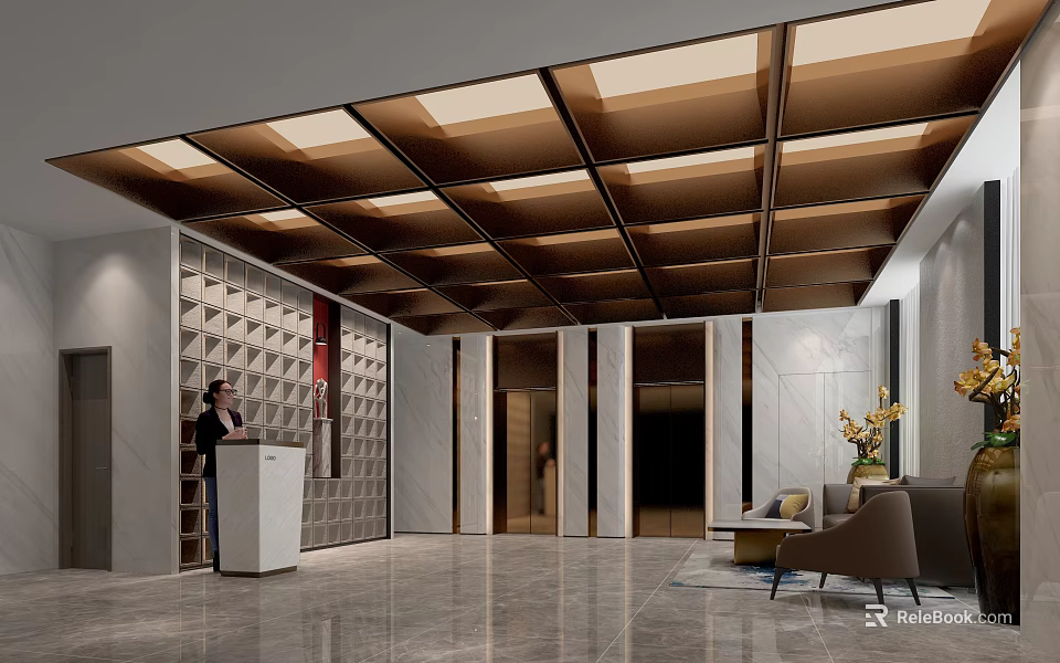 Modern Elevator Lobby Design With Wooden Grid Ceiling Geometric Pattern Walls And Marble Flooring 3d model