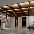 Modern Elevator Lobby Design With Wooden Grid Ceiling Geometric Pattern Walls And Marble Flooring 3d model