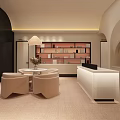 Modern Hotel Lobby Interior With Archway Pendant Light Beige Armchairs And Wooden Bookshelves