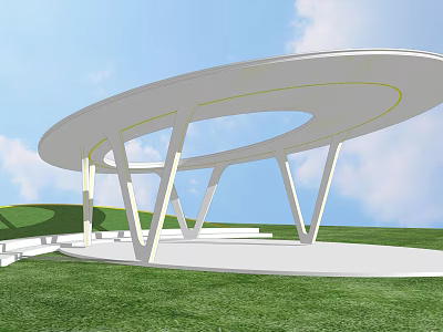 Modern White Circular Roof Pergola With Supporting Columns On Green Lawn 3d model