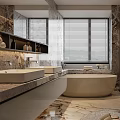 Modern Bathroom Design Featuring Marble Walls Freestanding Bathtub Double Sinks Glass Shower And Wooden Blinds