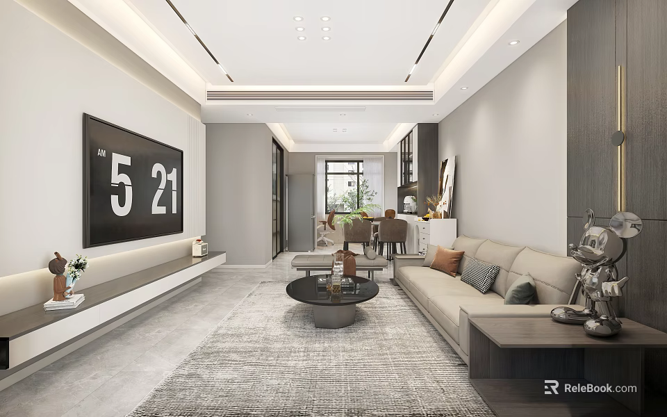 Modern Living Dining Room Interior Design With Sofa TV Coffee Table And Dining Chairs 3d model 