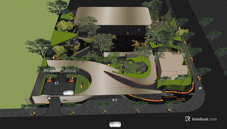 Elegant Modern Entrance Gate Design With Lush Landscaping Curved Driveway And Architectural Details 3d model 