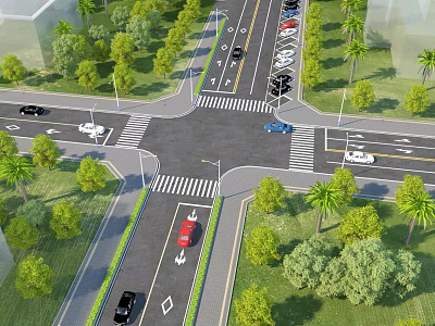 Municipal Road Intersection With Vehicle Traffic Pedestrian Crossings Green Trees And Lawns 3d model