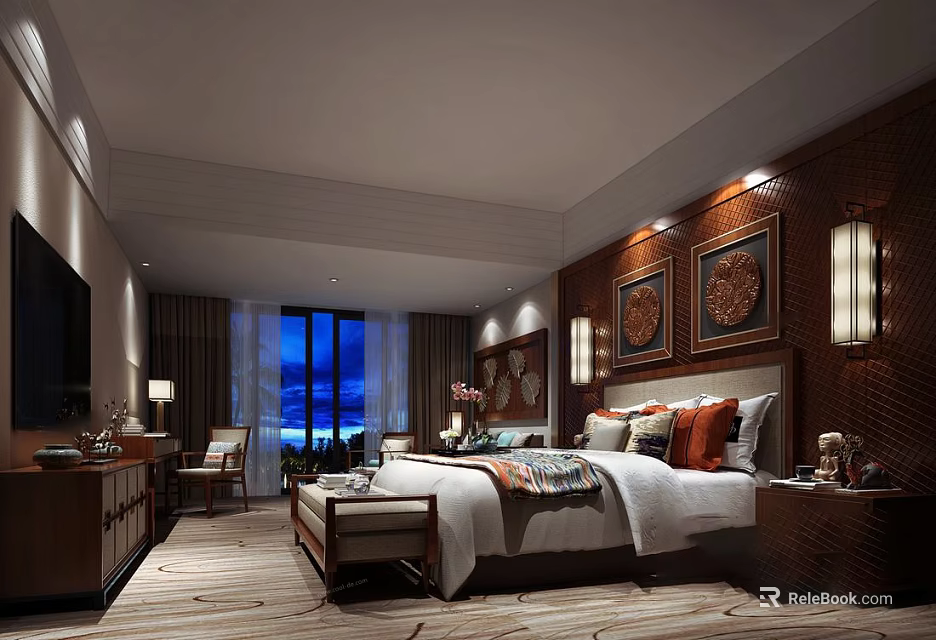 Luxury Hotel Guest Room Interior With Comfortable Bed Decorative Paintings And Ambient Lighting 3d model 