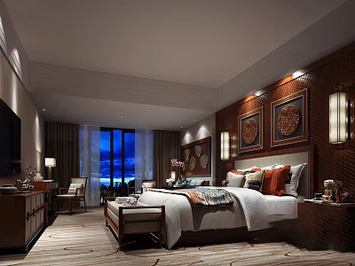 Luxury Hotel Guest Room Interior With Comfortable Bed Decorative Paintings And Ambient Lighting 3d model