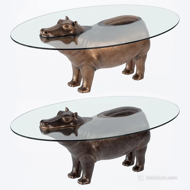 Unique Hippo Shaped Coffee Table With Glass Top And Bronze Base 3d model