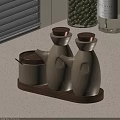 Modern Beige Speckled Condiment Bottles With Wooden Lids On Kitchen Countertop Tray