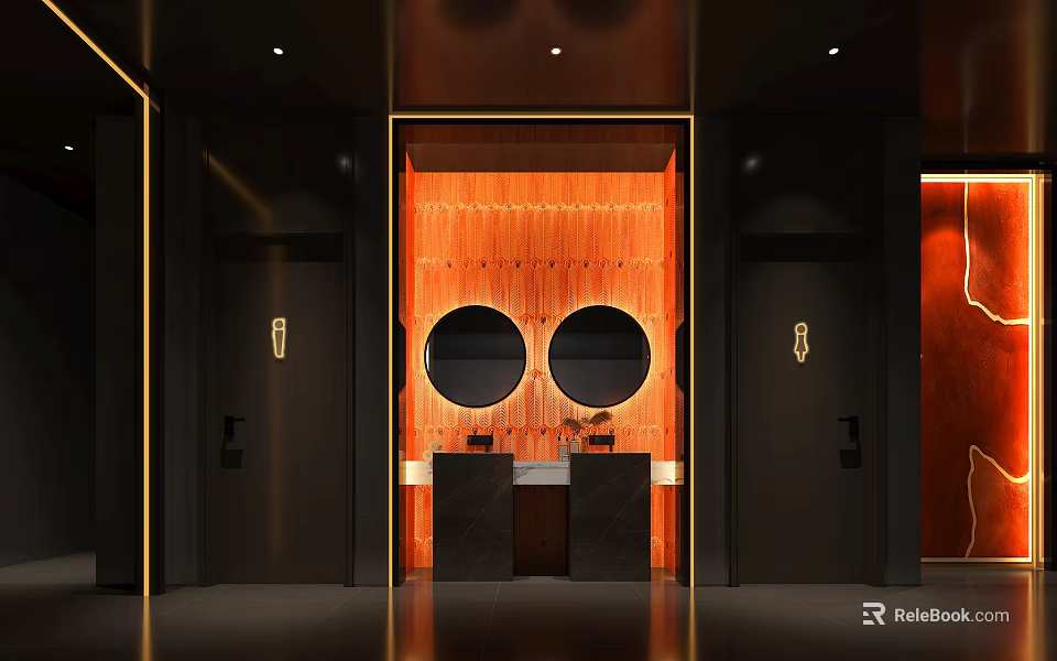 Modern Public Restroom With Wooden Wall Double Mirrors And Washbasins 3d model 