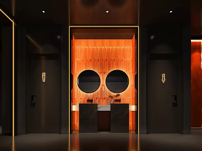 Modern Public Restroom With Wooden Wall Double Mirrors And Washbasins 3d model