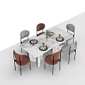 Modern Dining Table Set With White Marble Top And Brown Grey Chairs Plants Tableware 3d model