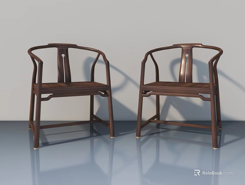 Traditional Chinese Dark Wooden Chairs With Curved Armrests And Smooth Floor Background 3d model 