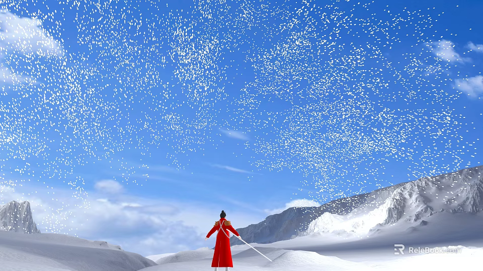 Person In Red Dress Playing Violin Amidst Snowy Mountain And Blue Sky With Falling Snowflakes 3d model 