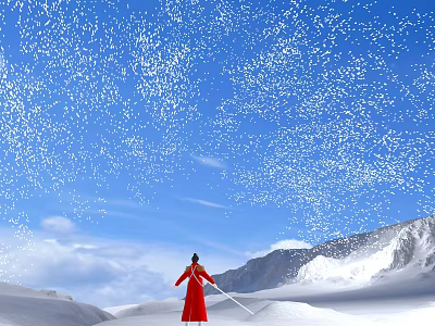 Person In Red Dress Playing Violin Amidst Snowy Mountain And Blue Sky With Falling Snowflakes 3d model