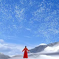 Person In Red Dress Playing Violin Amidst Snowy Mountain And Blue Sky With Falling Snowflakes