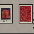 Framed Abstract Paintings With Red Circular Patterns And Black Background Design Hanging On Wall Interior 3d model