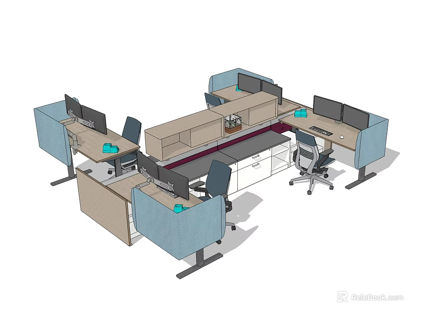 Modern Office Work Desks With Computer Monitors Office Chairs And Divider Panels 3d model