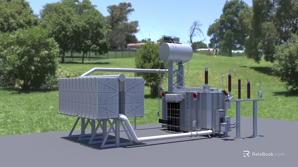 Outdoor Industrial Equipment Featuring Metal Structure Cylindrical Tank Pipes And Green Grass 3d model 