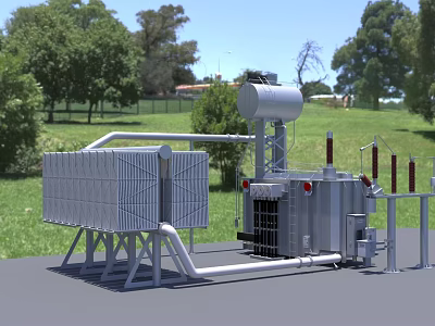 Outdoor Industrial Equipment Featuring Metal Structure Cylindrical Tank Pipes And Green Grass 3d model