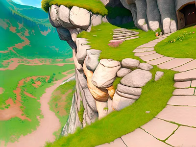 Cartoon Landscape With Cliff Path Greenery And Valley View 3d model