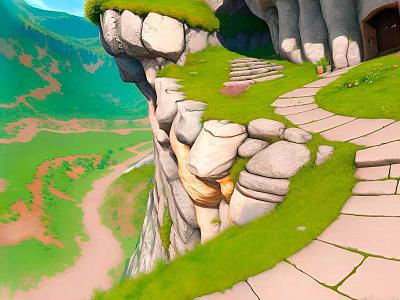 Cartoon Landscape With Cliff Path Greenery And Valley View 3d model