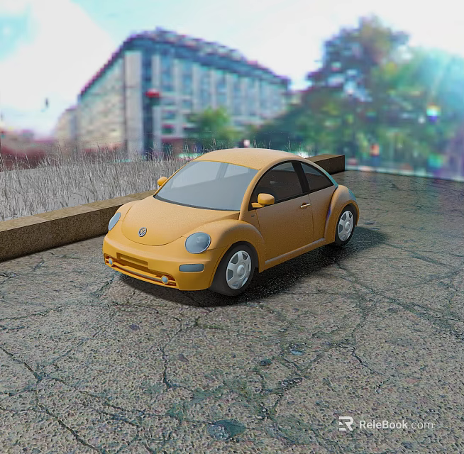 Yellow Volkswagen Beetle Car Parked On Urban Street With Buildings 3d model 