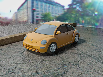 Yellow Volkswagen Beetle Car Parked On Urban Street With Buildings 3d model