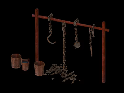 Hanging Hardware Tools On Wooden Rack With Chains Sickle Knife And Wooden Buckets 3d model