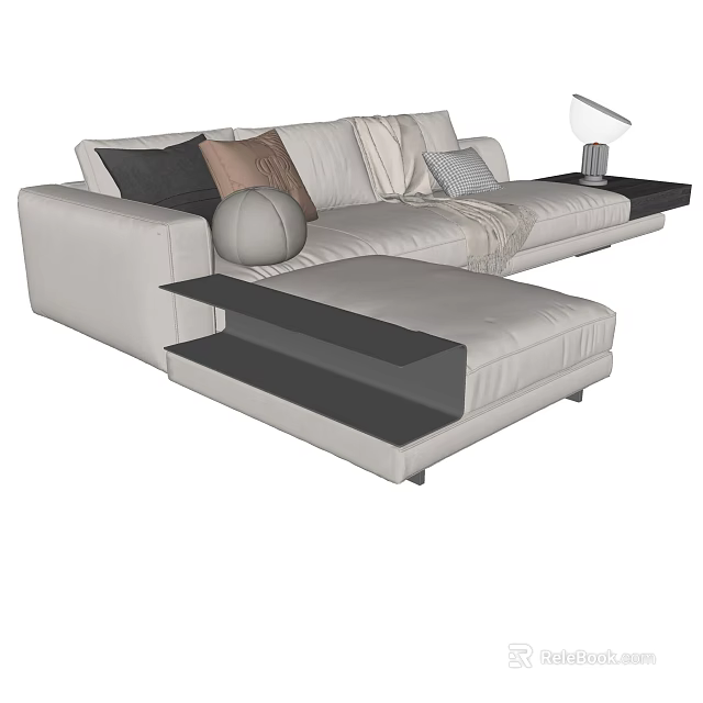 Modern Light Gray Sectional Sofa with Accent Pillows and Side Table Lamp 3d model