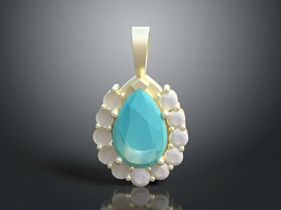 Elegant Gold Teardrop Blue Gemstone Pendant With Surrounding White Pearls 3d model