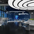 Modern Restaurant Interior With Curved Ceiling Blue Lighting And Astronaut Decor