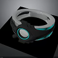 Futuristic Ring Design With Silver Black Metallic Band Blue Glowing Stripe And Circular White Center