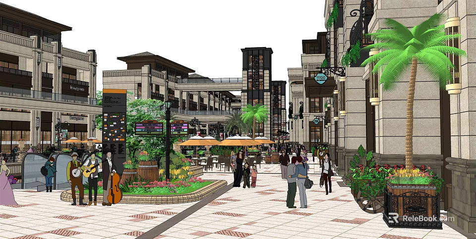 Vibrant Commercial Street With Pedestrians Outdoor Seating Umbrellas Palm Trees And Stylish Buildings 3d model 