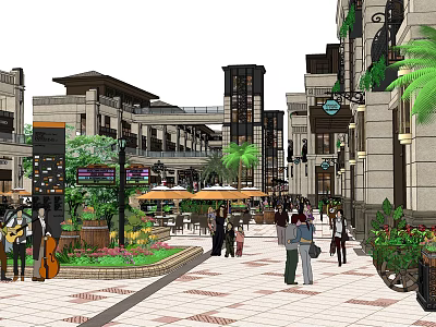 Vibrant Commercial Street With Pedestrians Outdoor Seating Umbrellas Palm Trees And Stylish Buildings 3d model