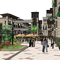 Vibrant Commercial Street With Pedestrians Outdoor Seating Umbrellas Palm Trees And Stylish Buildings