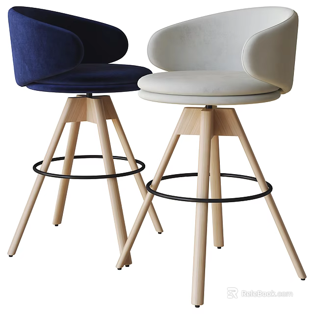 Modern Bar Stools Featuring Blue And White Upholstered Seats Wooden Legs And Black Metal Footrests 3d model 