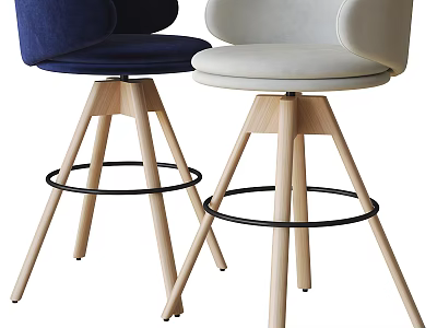 Modern Bar Stools Featuring Blue And White Upholstered Seats Wooden Legs And Black Metal Footrests 3d model
